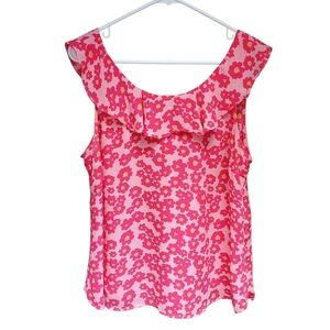 Emily Wonder Pink Floral Sleeveless Ruffle Neckline Bow Back Top - Large